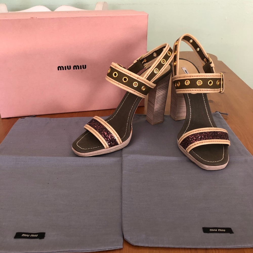 Miu Miu Pink and Brown Block Heel Sandals